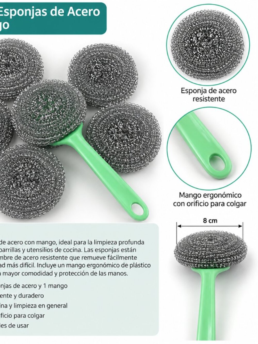6 esponjas de acero alrededor del mango verde , destacando la textura metálica d - Picture 4 of 4